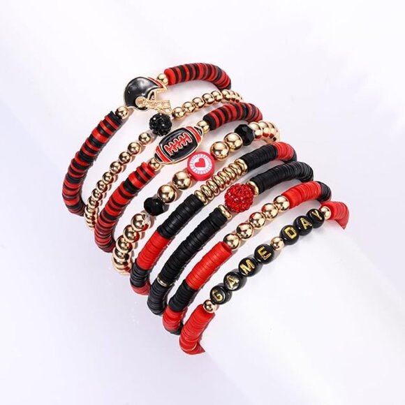 GEORGIA FOOTBALL BULLDOGS 8PC Stretch Bracelet SET Black Red Theme NEW - Picture 2 of 5